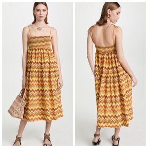 SWF Zigzag Midi Dress Women’s Size Small Yellow Smocked Cotton Tie Shoulder